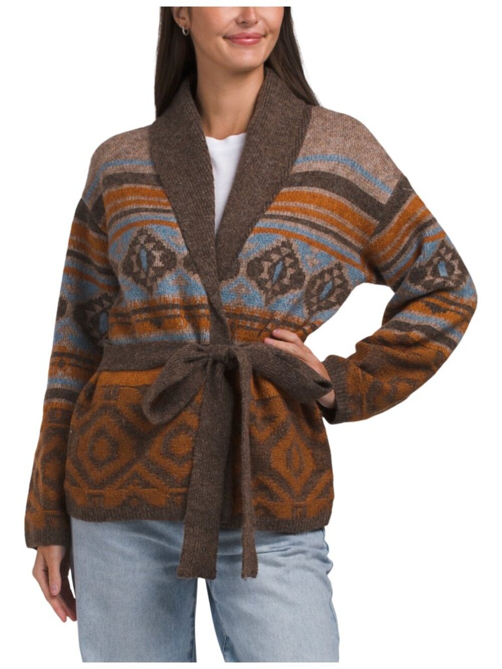 Lucky Brand Belted Shawl Cardigan Deep Taupe Southwestern Wool Blend Knit